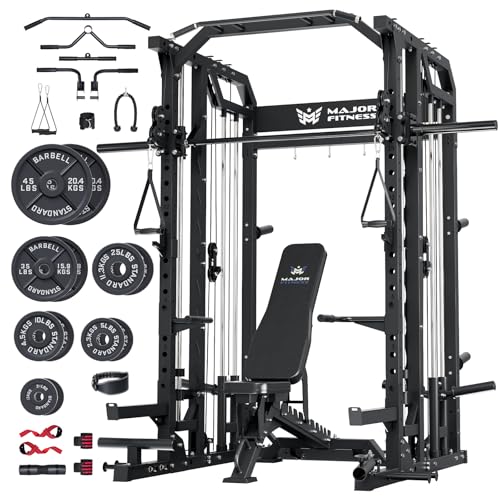 Major Fitness Drone2 Smith△ Machine – All-in-One Home Gym Squat Rack with Weight Bar, Dual LAT Pull-Down Systems & Cable Crossover Machine for Full-Body Workouts