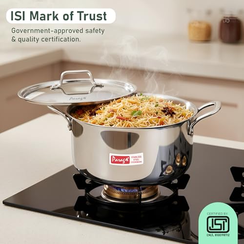 Image of Parage Tripure Triply Stainless Steel Biryani Pot Handi Casserole 1700 ML with Stainless Steel Lid for Induction & Gas