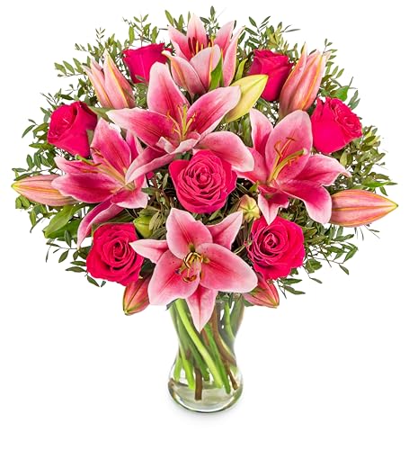 Flowers with Vase - Rose and Lily - Fresh Flowers - Birthday, Anniversary, Get Well, Thank You, Occasion Flower - Cut Floral Arrangement for Gifts, Weddings, Sympathy, Celebrations (Large With Vase)