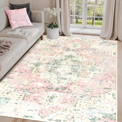 DELISEPT 8x10 Large Washable Living Room Rug Pink and Green
