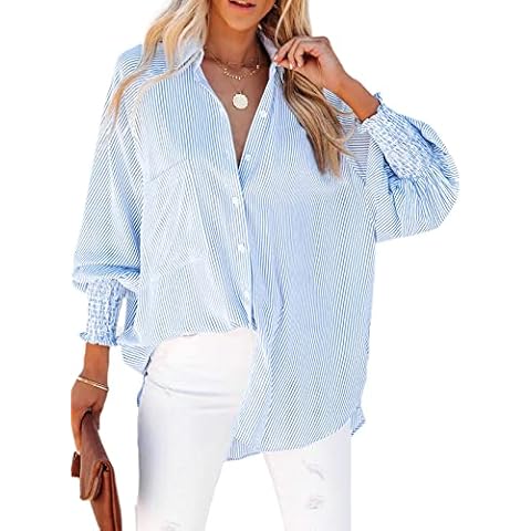 Women's Smocked Cuffed Striped Boyfriend Shirt with Pocket Casual Collar Long Sleeve Blouse Tops for Pocket Shirred Blue Cover