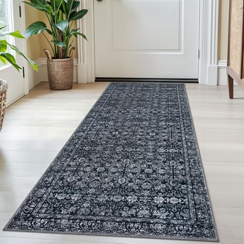 2x5 Washable Runner Rug Black Navy Blue Small Area Rugs for Entryway, Soft Non-Slip Indoor Door Mat Distressed Floral Low-Pile Neutral Vintage Carpet for Entrance Kitchen Bedside Farmhouse