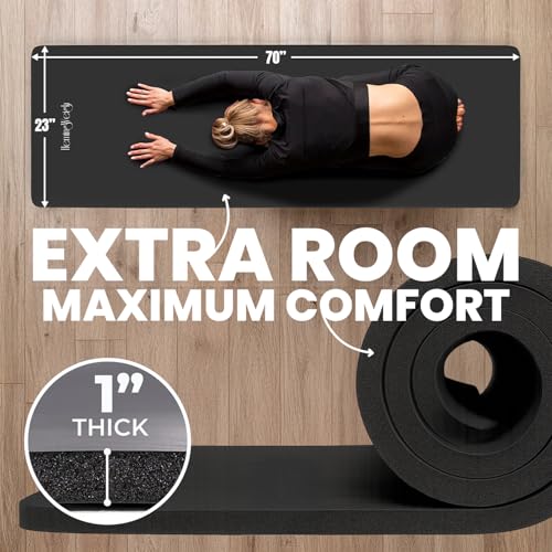HemingWeigh 1 Inch Extra Thick Non Slip Yoga Mat - Exercise Mats for Home Workouts, Black (70"L x 23"W)
