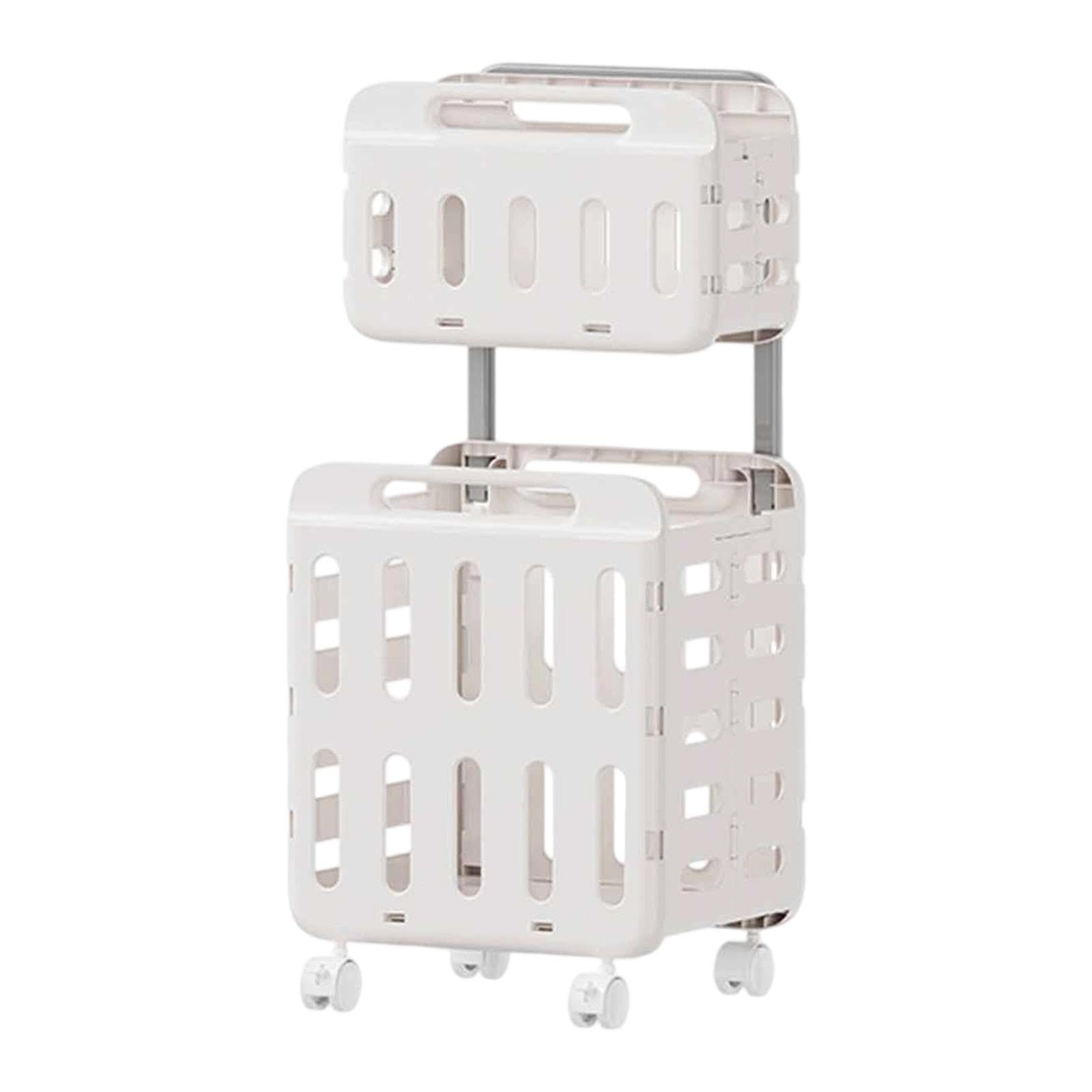 Panier de lessive double couche blanc avec roulettes et poignée pliable robuste