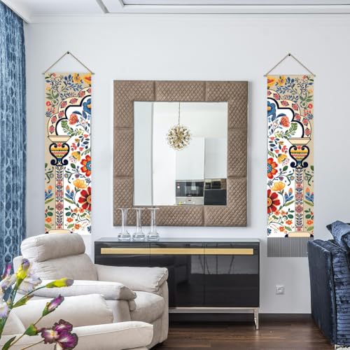 AHANDMAKER 2Pcs Boho Flower Mandala Indian Vertical Tapestry, Boho Floral Art Wall Hanging with Tassel for Living Room, Entry (45.7x13 Inch) - Image 3