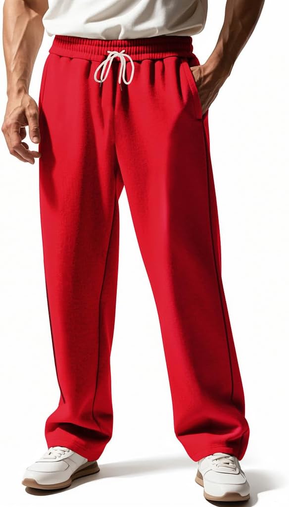 Men's Sweatpants Straight Leg Elastic Waist Baggy Lounge Pants Athletic Joggers Quilted Trousers with Pockets