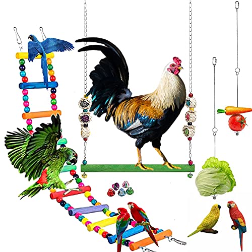 Chicken Hanging Swing Toys Chicken Veggies Skewer Fruit Holder and Chicken Ladder Toys, Pet Hanging Feeder Toy Chicken Coop Toy for Chicken, Hens, Bird, Parrot Training