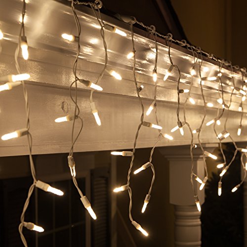 Wintergreen Lighting 70 M5 Warm White LED Icicle Christmas Lights, 7 ft White Wire Indoor/Outdoor Commercial Grade Holiday, Party, & Bedroom Decorations