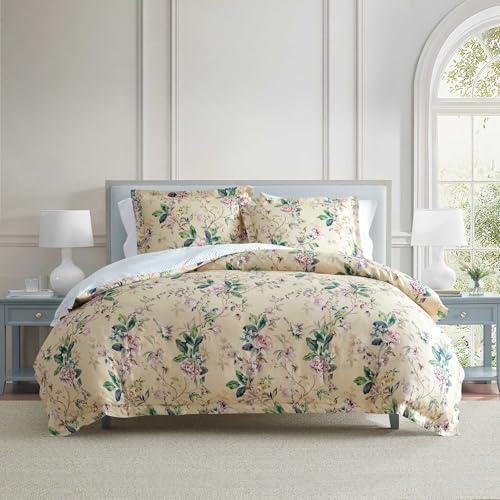 Image of Martha Stewart - King Comforter Set, 100% Silky Smooth Cotton Sateen Floral Bedding for Year Round Comfort, 3 Piece Bed Set with Matching Pillowcases (Songbird Yellow)