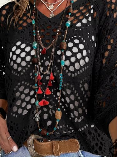 Allimy Womens Summer Crochet Long Sleeve Sexy Tops Sweaters for Women 2025 Beach Cover ups Cruise Outfits2