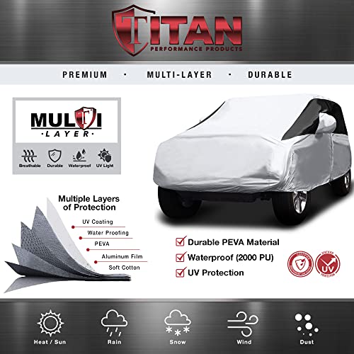 Image of Titan Premium Multi-Layer PEVA Car Cover for Wrangler 4-Door SUVs 164-184 inch. Waterproof, UV Protection, Anti-Scratch Protective Lining, Driver-Side Zippered Opening. Fits Wrangler SUVs.