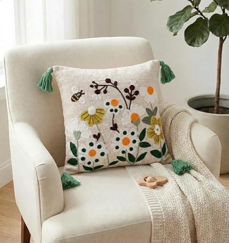 Image of Honey Bee Flowers Embroidered Cushion Cover 16 x 16 Inches or 40x40 cms Cotton Fabric Cushion Covers for Sofa Set /Diwan Beds, Sofa Throw Pillow Only, Set of 1 Pc