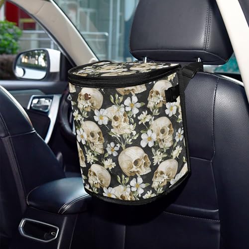 Image of MNSRUU Car Trash Can with Lid, Skull White Flower Car Trash Bag Hanging Organizers and Storage for Front Back Seat, Leak-Proof Trash Bin