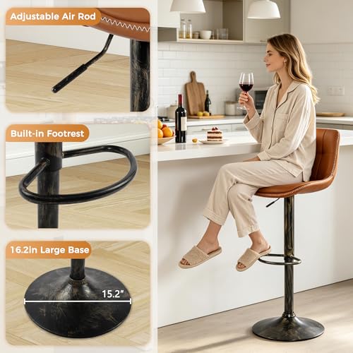 LSSPAID Set de 2 Butacos Ajustables con Giratorio 360°, Respaldo, Asiento en Cuero PU, Base de Metal con Acabado Antiguo Cepillado, Color Marrón miniatura 3