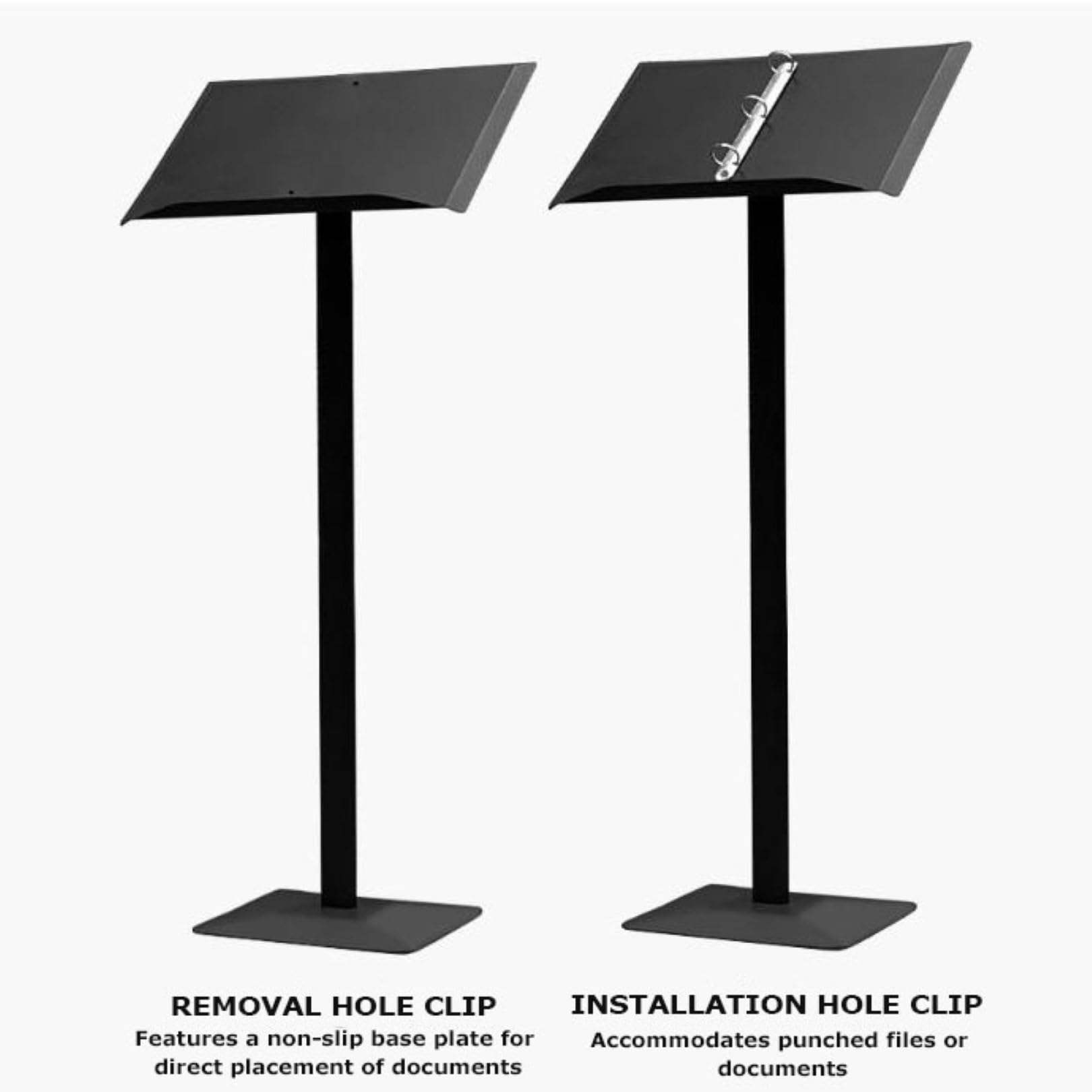 Atril independiente negro, robusto podio de base de hierro para altavoces.Soporte de exhibición de menú de acrílico versátil con carpeta de flip extraíble.Ideal para restaurantes, conferencias, evento