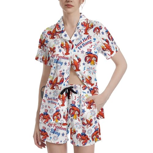 Image of Funny Satin Pajamas Set for Women Button Down Sleepwear Print Pjs Set 2 Piece Short Sleeve Loungewear Gift for Women