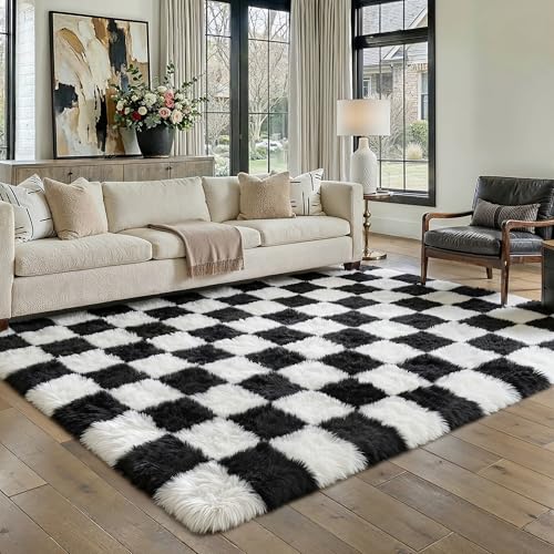 HUGEAR Tapis Salon Shaggy Damier Tapis Chambre Adulte Fille Doux Moelleux Descente de lit AntidéRapant Moderne Grand Tapis Noir Blanc 160×230cm Decoration...