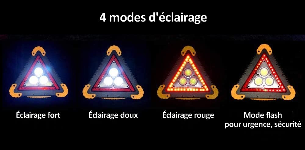 Triangle de Signalisation CE à LED Portable 4 modes lampe, chargeur de telephone, Powerbank. Vendeur et stock en France