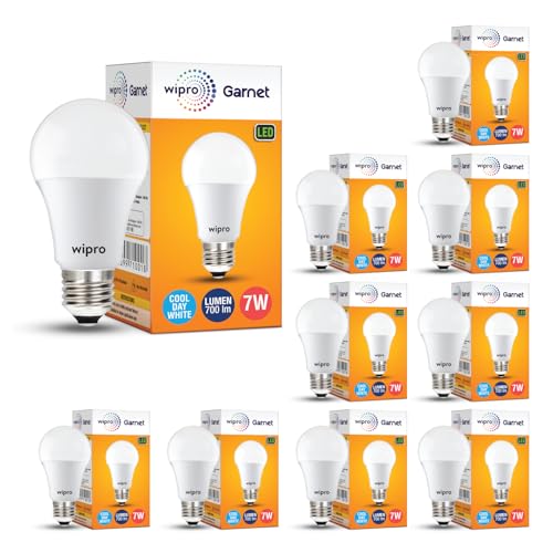 wipro Garnet 9W LED Bulb for Home & Office |Cool Day White (6500K) | E27 Base|220 degree Light coverage |4Kv Surge Protection |400V High Voltage Protection |Energy Efficient | Pack of 10