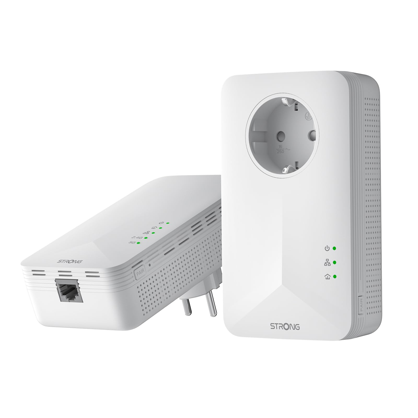 STRONG AV1000 Adaptador Powerline WiFi con Enchufe, PLC HomePlug AV2 Type F, WiFi 1200 Mbit/s en 2.4GHz/5GHz, Plug & Play, Modo de Ahorro de Energía, Puertos Gigabit (POWERL1000WFDUOEUV2)