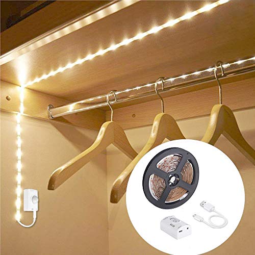 Rechargeable Wardrobe Lights, OriFiil 3M/10FT LED Strip Lights, Motion Sensor Activated, Auto on/Off and Timer, 6000K Cool White for Closet, Under Cabinet Cupboard, Bed Wake Up Night Lights