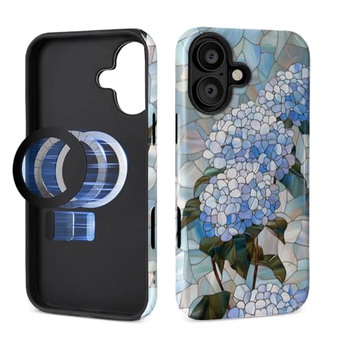 Case for iPhone 16 [Compatible with MagSafe], Glossy Soft Silicone + Hard PC Anti-Scratch Shockproof Protective 2-in-1 Case for Women Men - Floral Hydrangea Flower Stained Glass