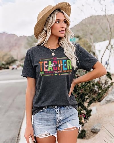 Image of Teacher Shirts Women Teach Print Graphic Tees Kindergarten Elementary Teaching Life Shirts Back to School Tees Tops