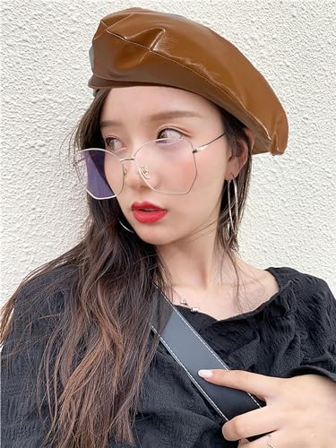 Gorro boina clásico de cuero PU para mujer color caramelo miniatura 2