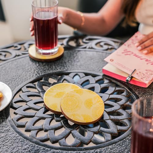 Image of Ireka Home Golden Bloom Coaster Set | Pack of 4 | Acacia Wood with Yellow Floral Enamel, Coffee Table Decor, Modern Cup Coaster for Kitchen, Coffee Cups, Mugs & Glasses
