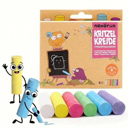 neogrün® Kritzelkreide – Straßenmalkreide & Kreidestifte für Kinder, aus natürlichem Calciumcarbonat statt Gips, staubarm & extra dick, abwaschbare Malkreide, 6 Farben