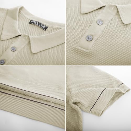 PJ PAUL JONES Knit Polo Shirts for Men Short Sleeve Textured Golf Summer Retro Polo Shirts Beige L