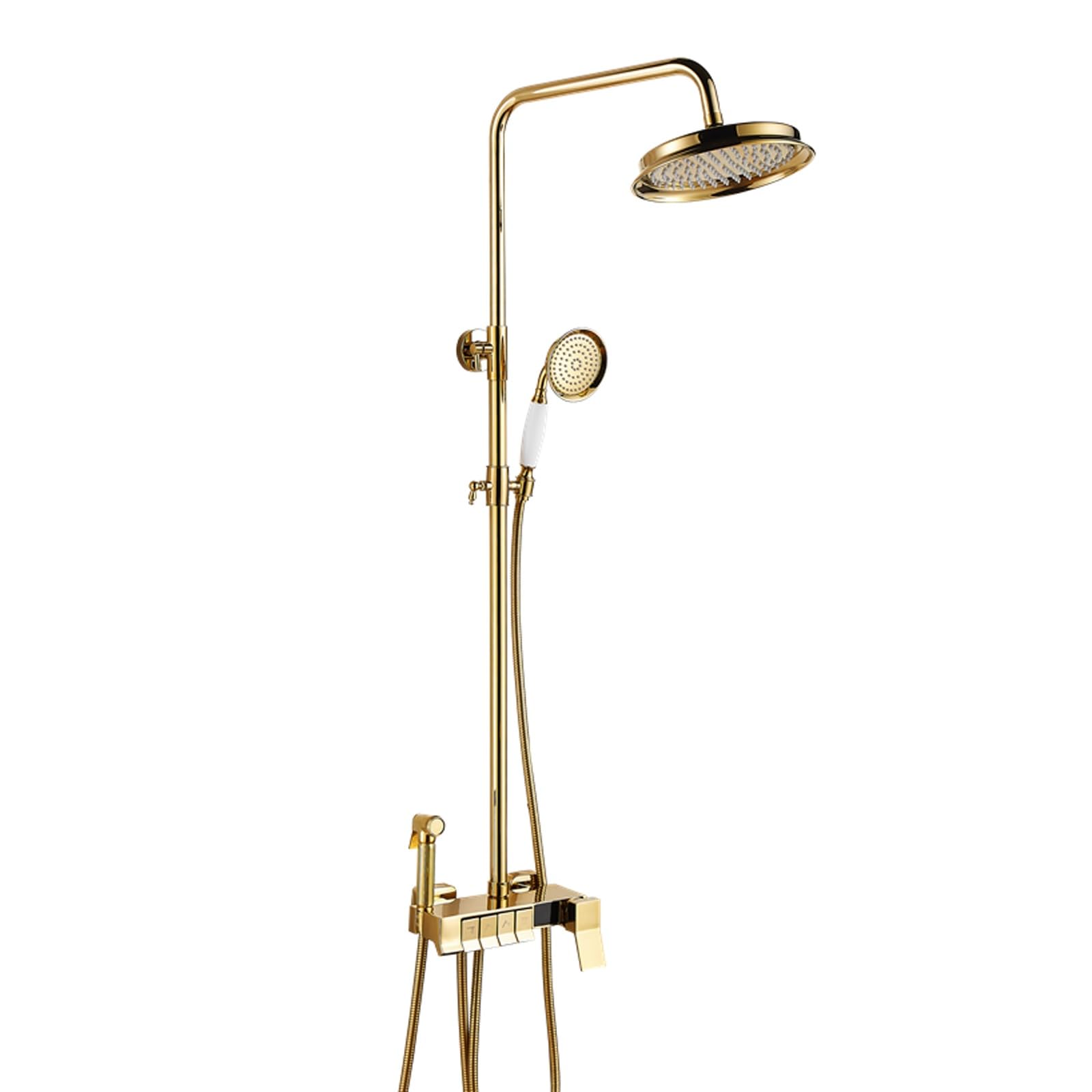 Colonna Doccia con Miscelatore oro 4 Modalità di Flusso D'acqua Asta Doccia con Soffione e Doccetta Regolabile per Bagni Domestici e Spazi Commerciali