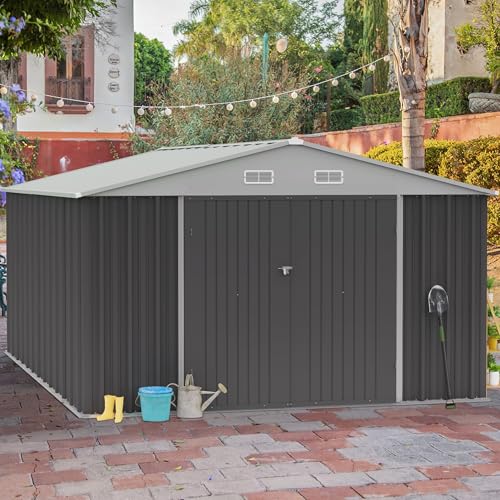 Image of GUNJI 10 x 10 FT Shed Outdoor Storage Shed Metal Garden Shed with Lockable Door Outside Waterproof Tool Shed for Backyard, Patio, Lawn (Gray)