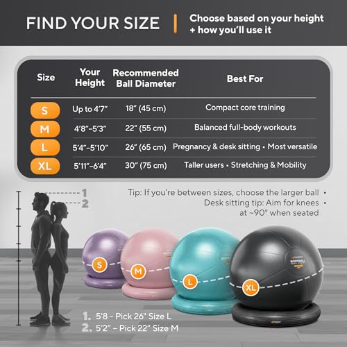 Image of Yoga Exercise Ball Chair for Office Desk with Base, Ideal for Pregnancy, Birthing, Stability Exercises & Fitness. Swiss Stability Birth Ball for Labor, Gym & Workouts.