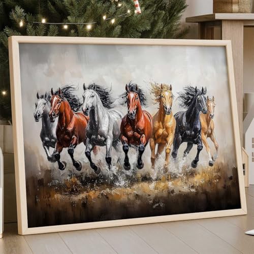 Image of HOTHOUSE Seven Running Vastu Lucky Horse Painting | 7 Horses Vastu Frame Wall Art Painting for Living Room Bedroom Office Home Decor Wall Decor Size (19X25 inch)