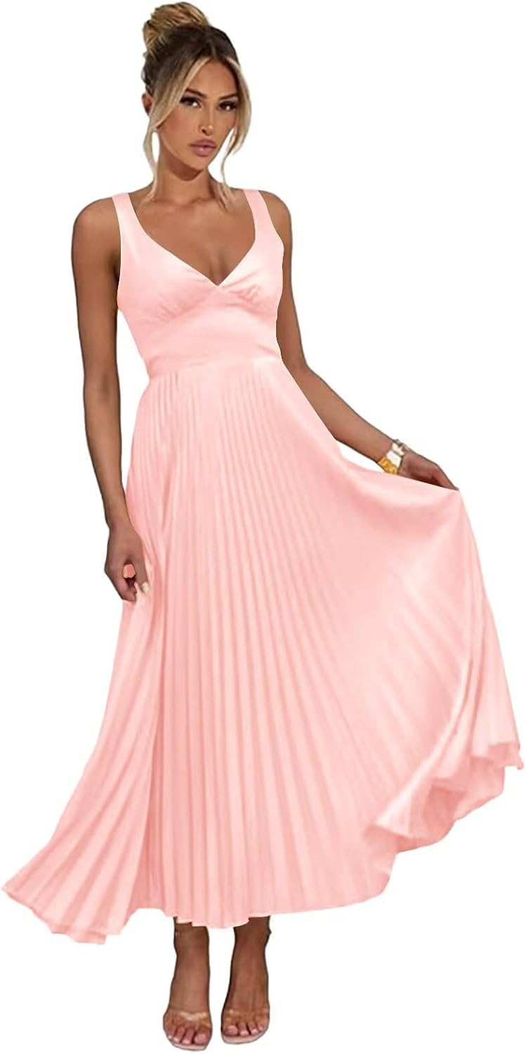 Thinksea Satin Bridesmaid Dresses Women V Neck A Line Pleated Spaghetti Straps Tea Length Wedding Guest Dress