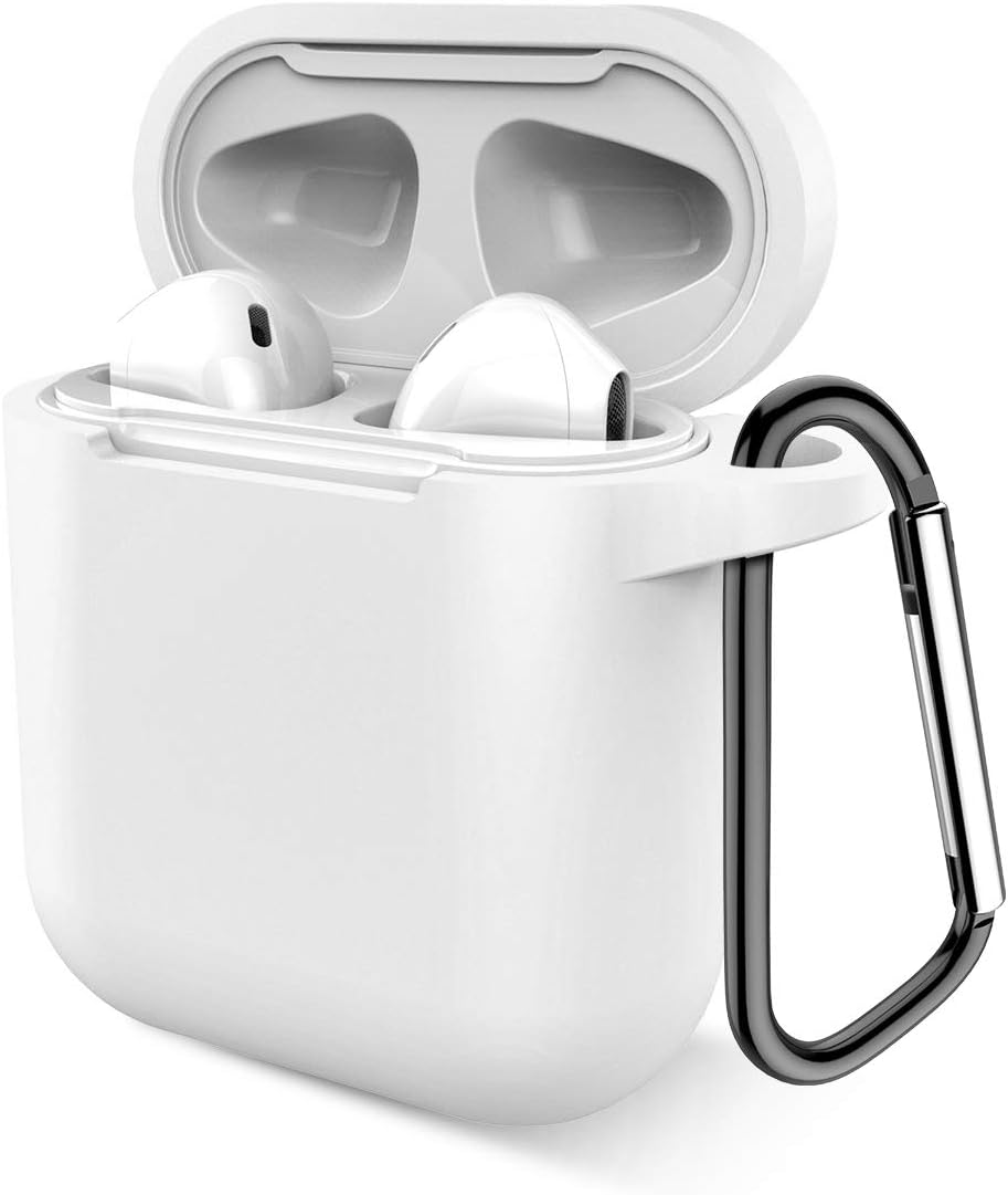 Airpods Case, Music tracker Protective Thicken Airpods Cover Soft Silicone Chargeable Headphone Case with Anti-Lost Carabiner for Apple Airpods 1&2 Charging Case (White)