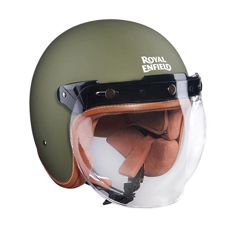 Image of Royal Enfield Leather Trim Helmet(V) BTL Green L-600MM | Fit: Regular | Certification: ISI & DOT | Material : ABS | Type: Open Face with Bubble Visor | Gender: Unisex