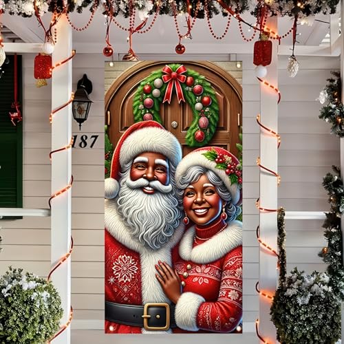 Image of BlissYard Christmas Door Cover Santa Couple 35 x 71 Inch