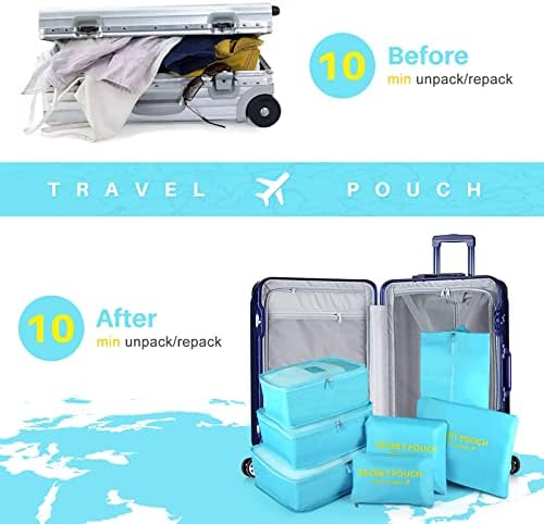 7PCS Travel Packing Cubes for Suitcases, TOYESS Waterproof Nylon Luggage Organiser Storage Bags Value Set for Backpack, Light blue