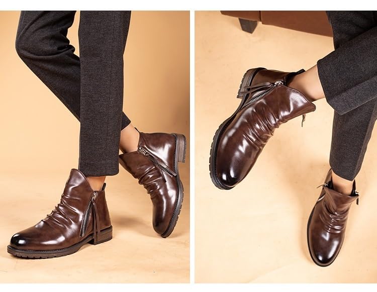 Men's Chelsea Breathable Leather Boots, Lightweight Zipper High Top Dress Shoes, Cowboy Boots Men's Shoes2