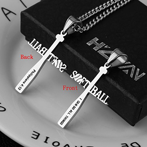 HZMAN Softball Bat Cross Pendant, I CAN DO ALL THINGS STRENGTH Bible Verse Stainless Steel Necklace2