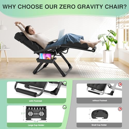 Suteck BZ-2015-214 Oversized Zero Gravity Chair,33In Xxl Outdoor Recliner Chair W/Removable Cushion&Headrest, Camping Lounge Chair W/Upgraded Lock&Footrest, Reclining Patio Chairs thumb #2
