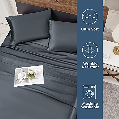 Wavveuziz Satin Sheets Queen Size Dark Gray Satin Bed Sheet Set 16" Deep Pocket Silky Satin Sheet Set With 1 Fitted Sheet, 1 Flat Sheet And 2 Pillow Cases- Wrinkle, Fade, Stain Resistant- 4 Piece #TOP5