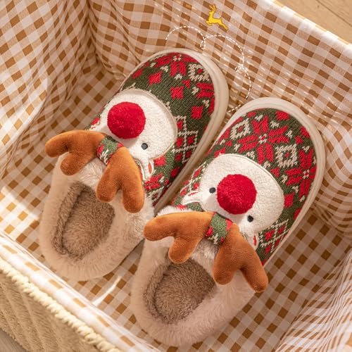 Christmas Slippers for Women, Fluffy Animal Slipper with Reindeer for Adults, Winter Cartoon House Shoes with Memory Foam, Fuzzy Cute Retro Bedroom Aesthetic Slides, Plush, Cozy PVC Sole3