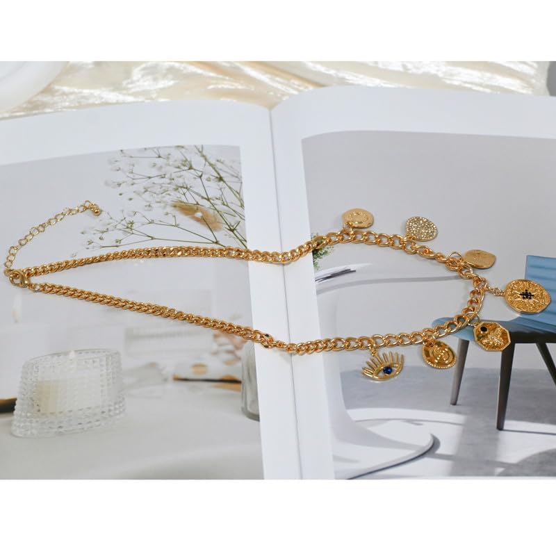 Charm Necklace for Women Chunky Plated Necklace Evil Eye Sun Pendant Statement Rhinestone Chain 6
