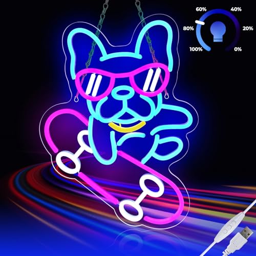 Dog Neon Sign Skateboard Neon Signs for Wall Decor, Dimmable, French Bulldog LED Neon Light Sign for Bedroom Decor,Living Room Pet Shop Bar Party Birthday Wedding Gifts for Boys(15.8”x12”)