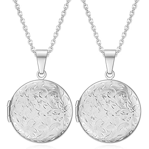 Liitata 2 Pcs Round Locket Necklace That Holds Pictures Flower Lockets Necklaces Stainless Steel Photo Memory Necklace Chain for Women Girls Birthday Gift Souvenir - Silver Cover
