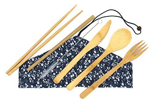 Bam-Booty Reusable Bamboo Travel Utensils Set | Zero Waste Cutlery with Chopsticks, Fork, Spoon, Knife, Straw and Brush | Sustainable Products with Eco-Friendly Storage Pouch | Dark Blue and White