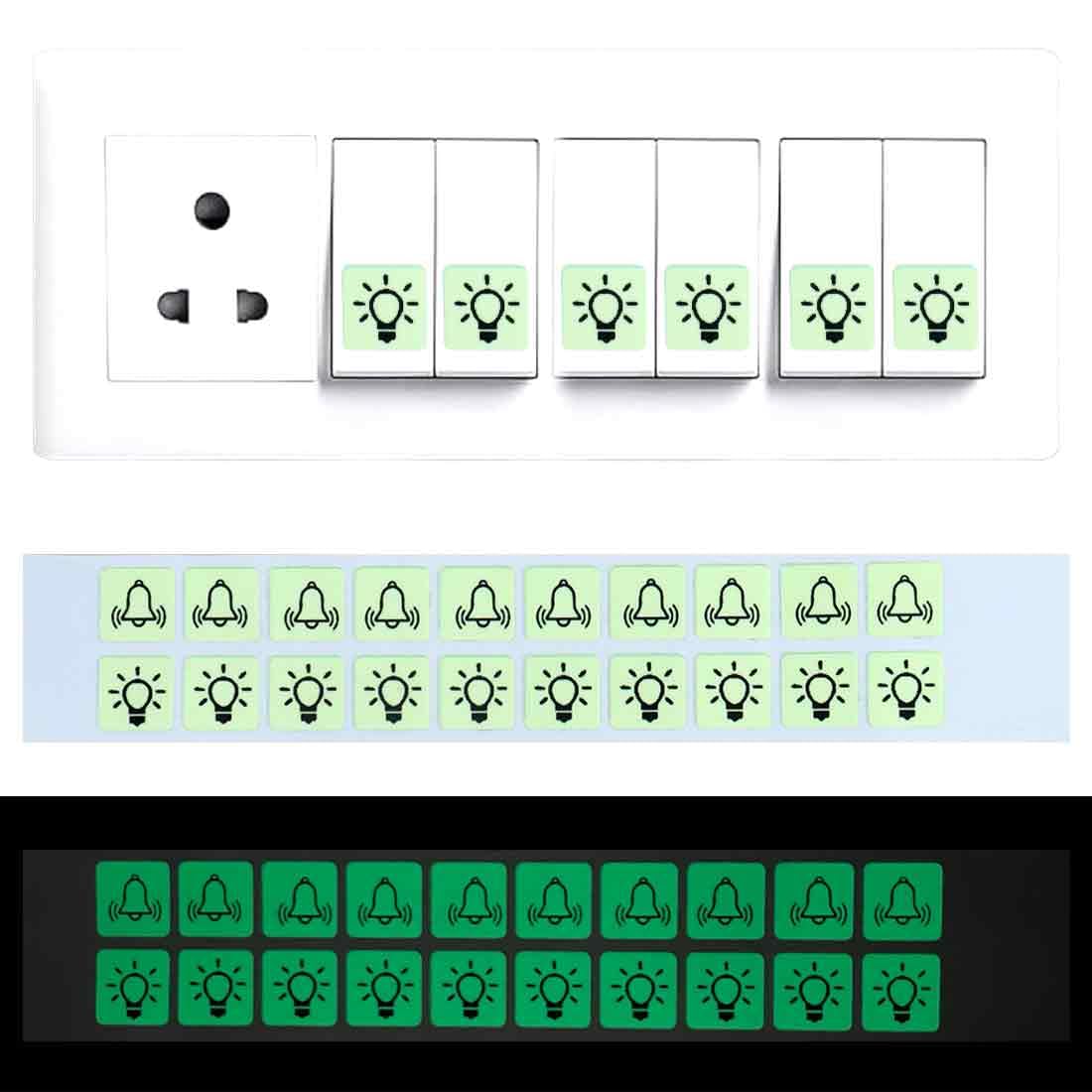 Phosphorescents Autocollants pour Interrupteur avec 10 Cloches et 10 Autocollants Symbole de Lumière (14 mm)